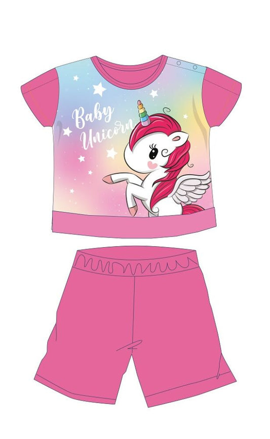 Unicorn summer short-sleeved baby pajamas - cotton jersey pajamas - dark pink - 98-0