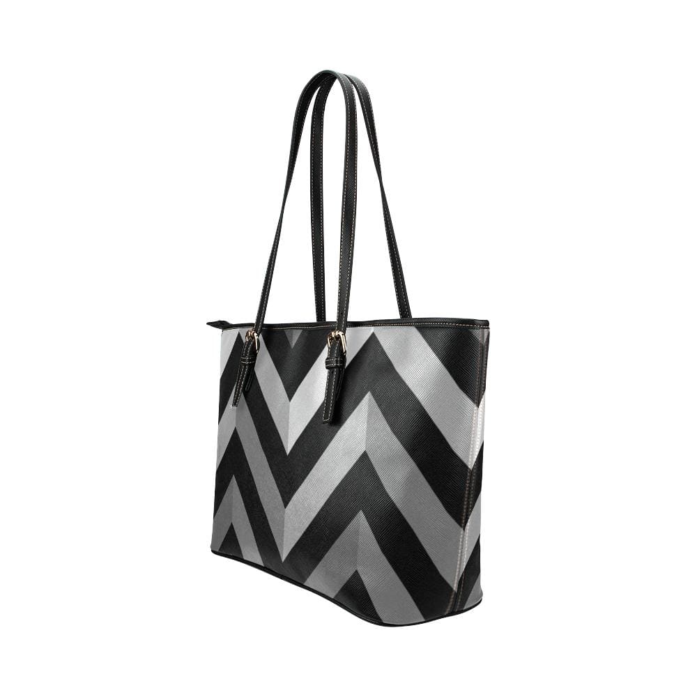 Large Leather Tote Shoulder Bag - Black and Gray Herringbone Handbag-3