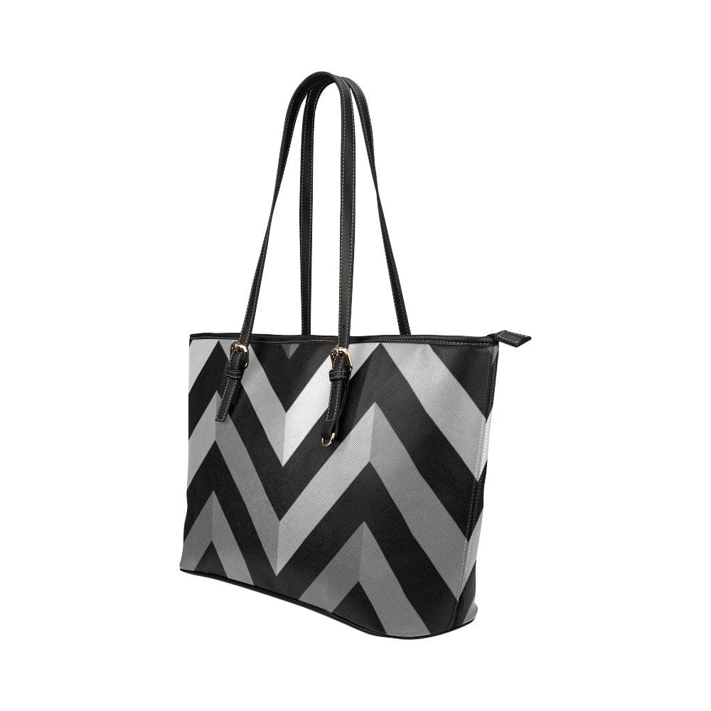 Large Leather Tote Shoulder Bag - Black and Gray Herringbone Handbag-1