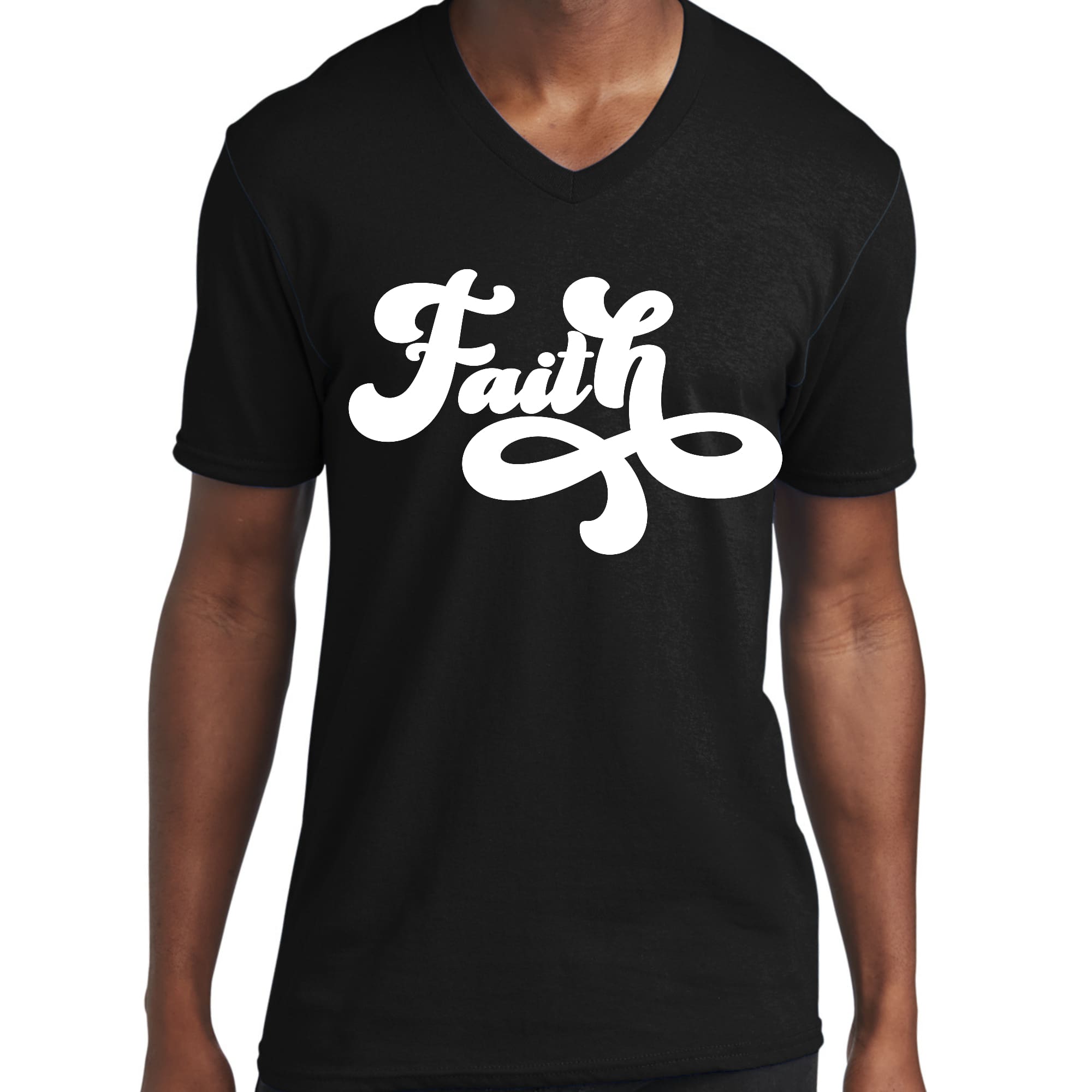 Mens Graphic V-neck T-shirt, Faith Script Illustration-0