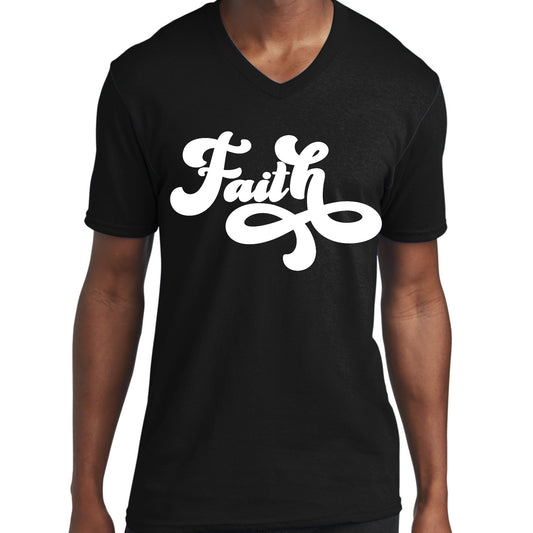 Mens Graphic V-neck T-shirt, Faith Script Illustration-0