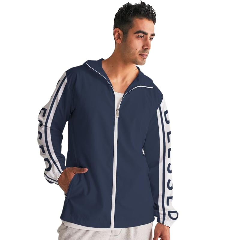 Mens Hooded Windbreaker - Blessed Sleeve Stripe Blue Water Resistant Jacket -j7qi0x-0