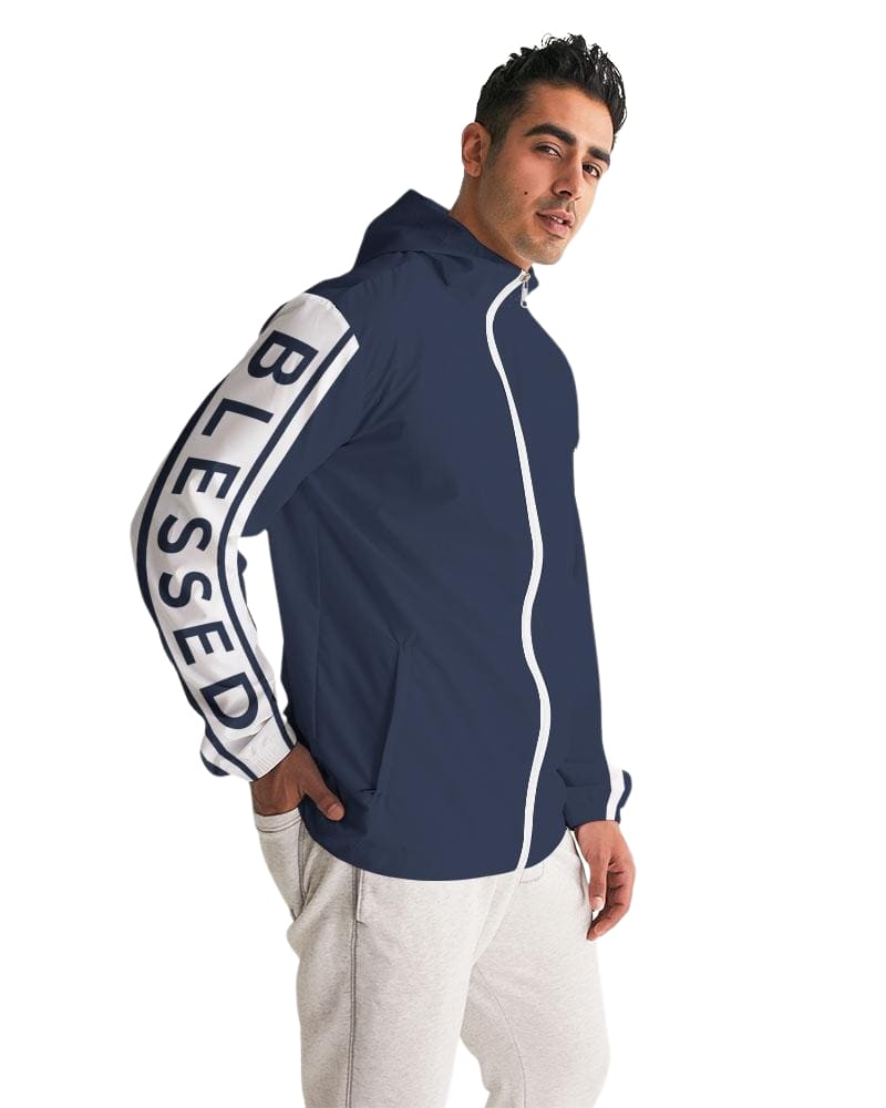 Mens Hooded Windbreaker - Blessed Sleeve Stripe Blue Water Resistant Jacket -j7qi0x-3