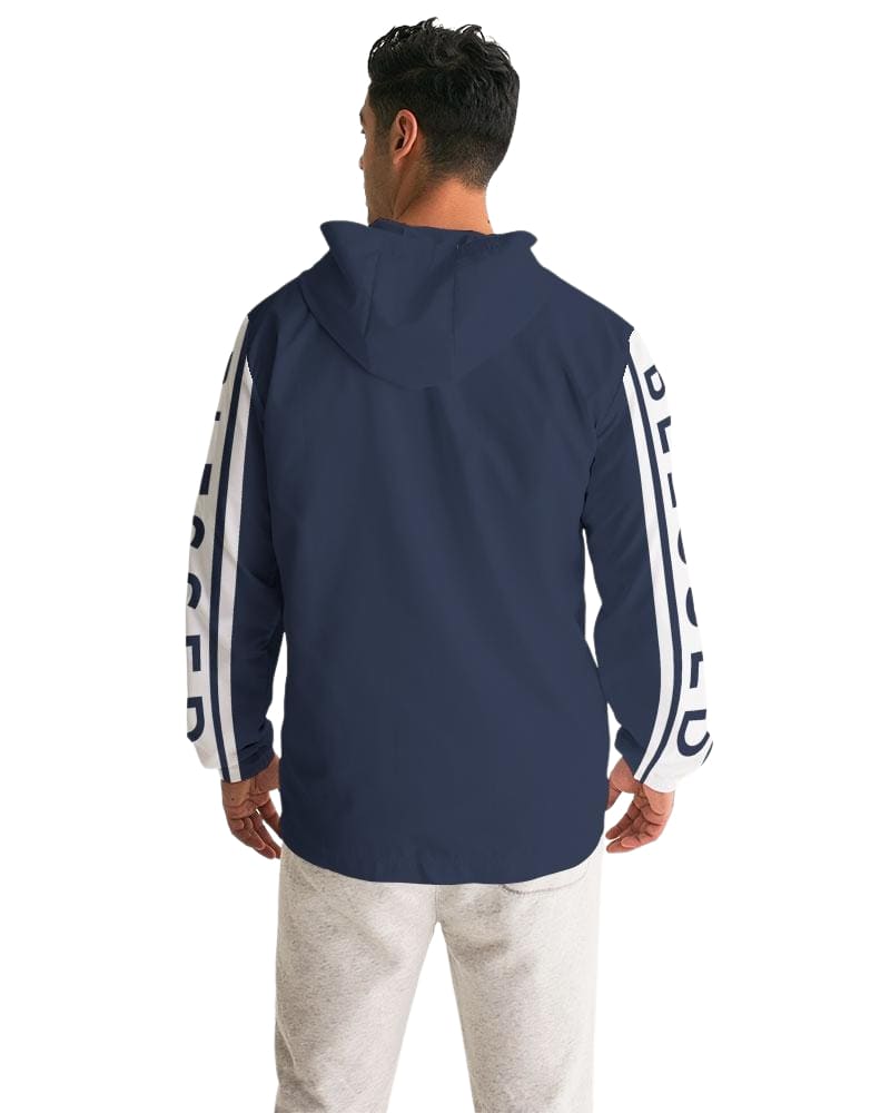 Mens Hooded Windbreaker - Blessed Sleeve Stripe Blue Water Resistant Jacket -j7qi0x-1