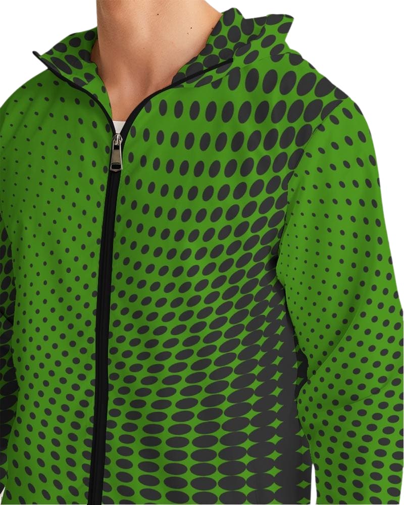 Mens Hooded Windbreaker - Green Polka Dot Water Resistant Jacket-4