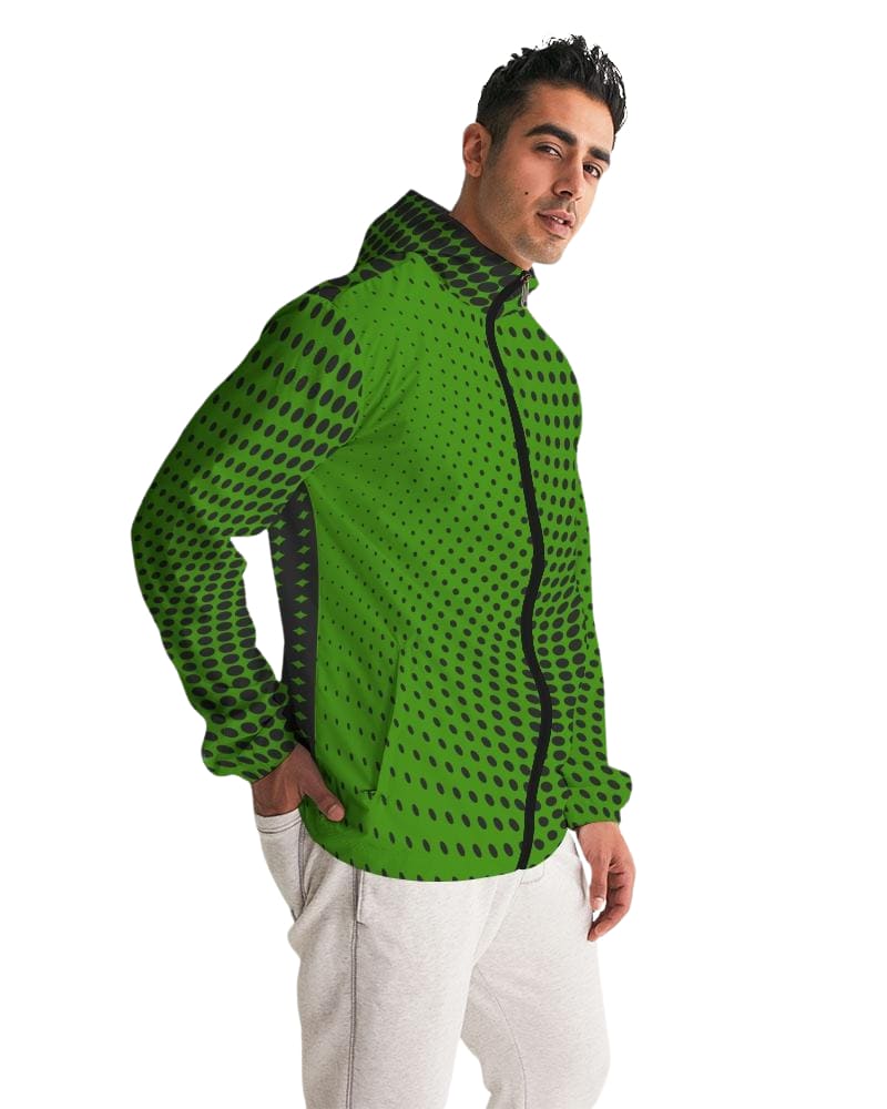 Mens Hooded Windbreaker - Green Polka Dot Water Resistant Jacket-3