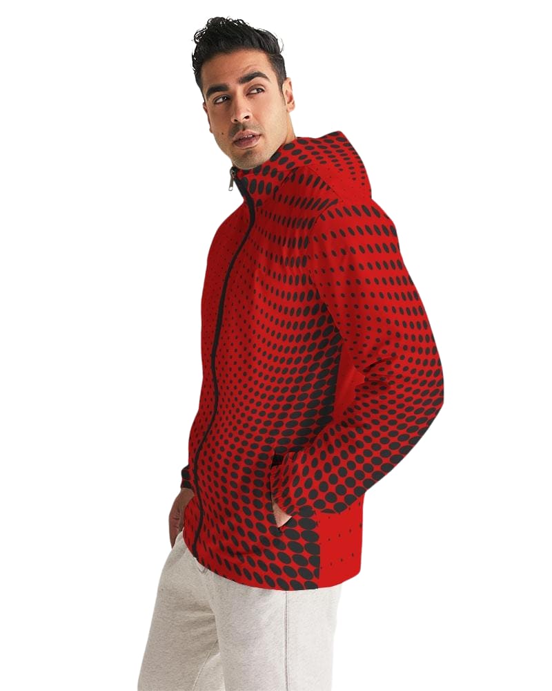 Mens Hooded Windbreaker, Red Polka Dot Water Resistant Jacket - Jjww0x-2