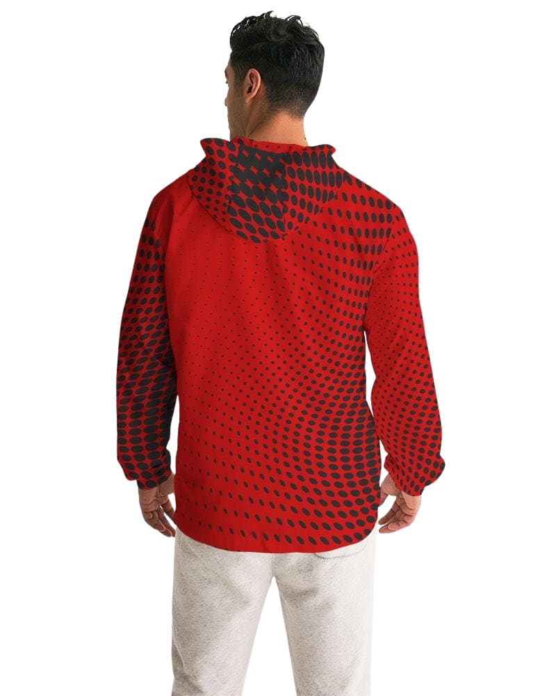 Mens Hooded Windbreaker, Red Polka Dot Water Resistant Jacket - Jjww0x-1