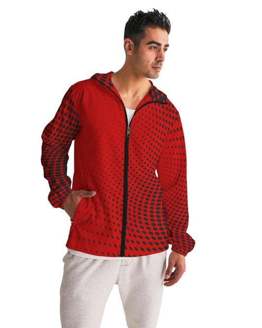 Mens Hooded Windbreaker, Red Polka Dot Water Resistant Jacket - Jjww0x-0