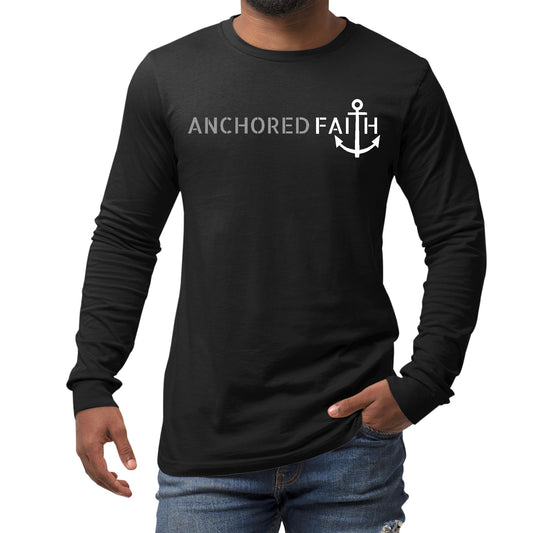 Mens Long Sleeve Graphic T-shirt, Anchored Faith Grey and White Print-0