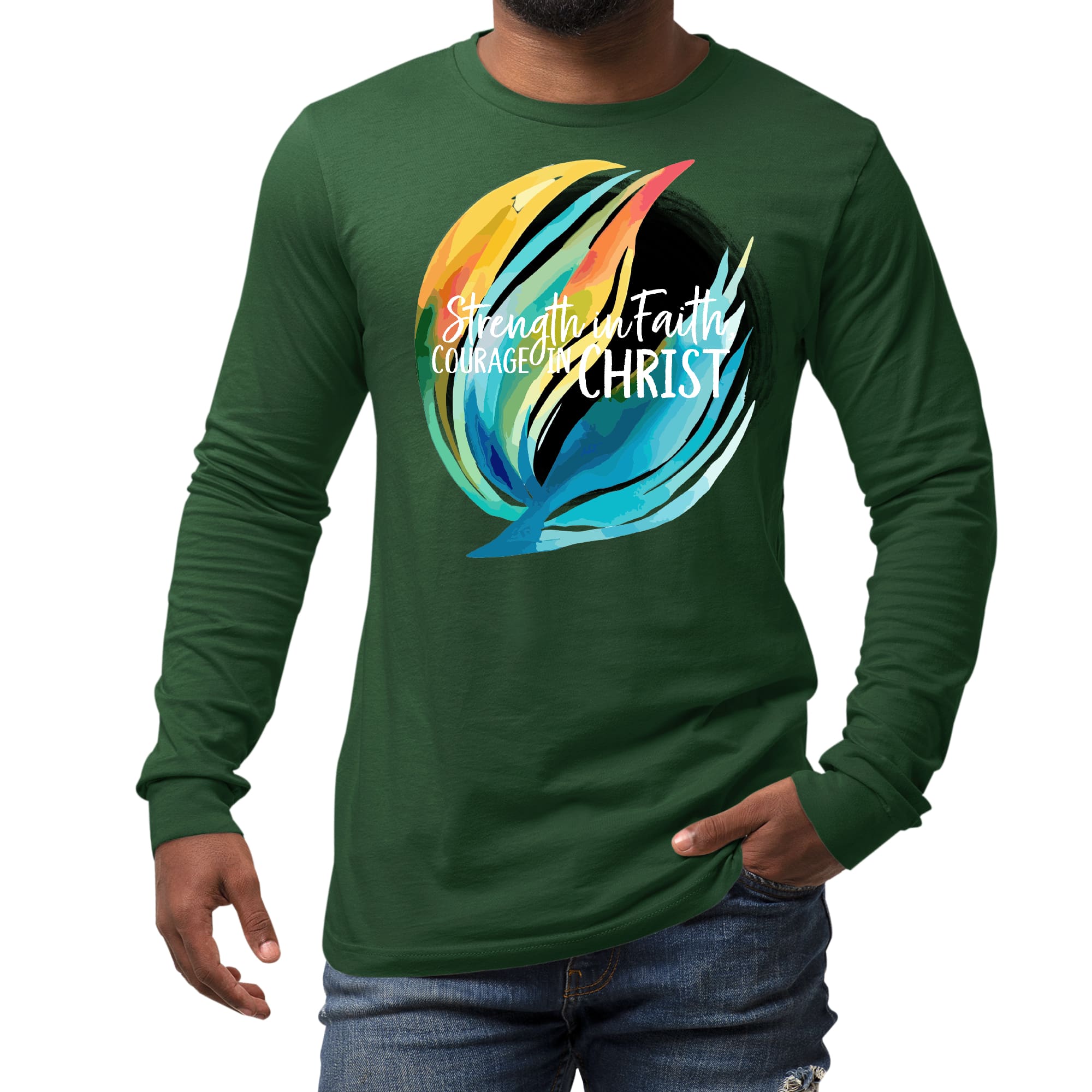 Mens Long Sleeve Graphic T-shirt Strength in Faith, Courage in Christ-6