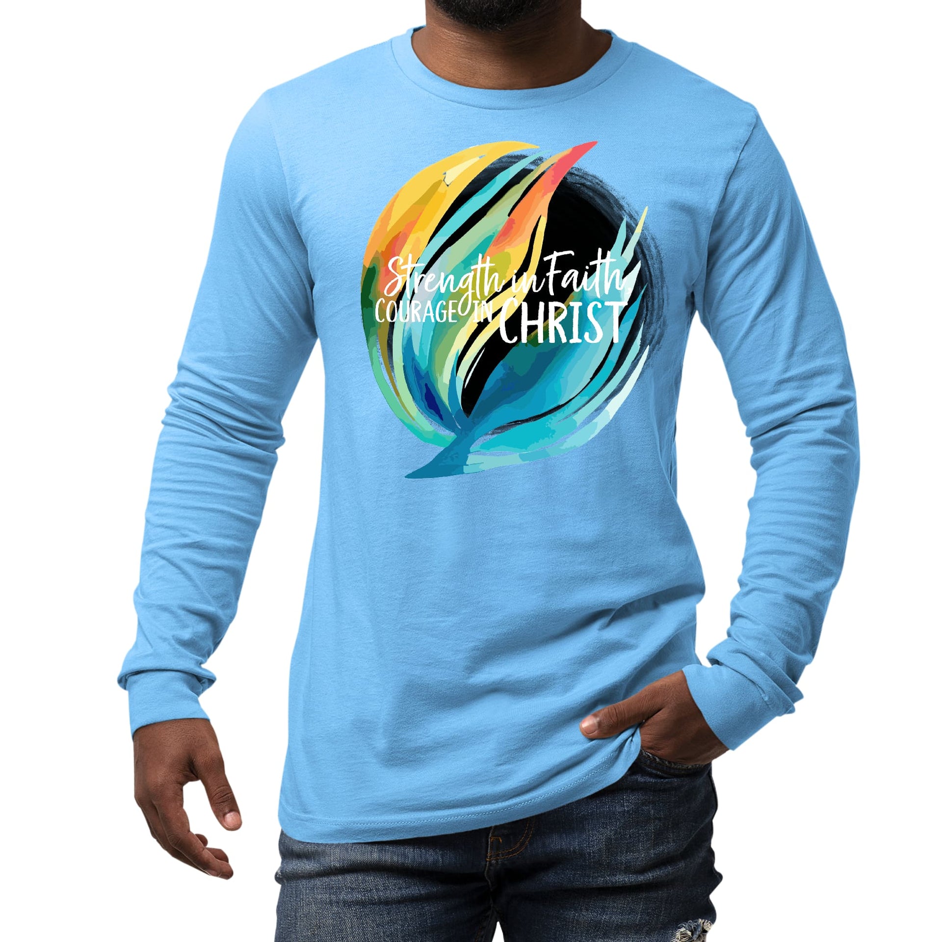 Mens Long Sleeve Graphic T-shirt Strength in Faith, Courage in Christ-4