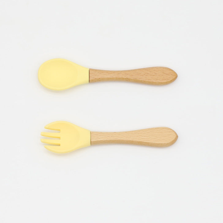 Baby Food Grade Wooden Handles Silicone Spoon Fork Cutlery-12