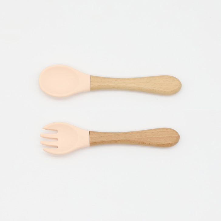 Baby Food Grade Wooden Handles Silicone Spoon Fork Cutlery-16