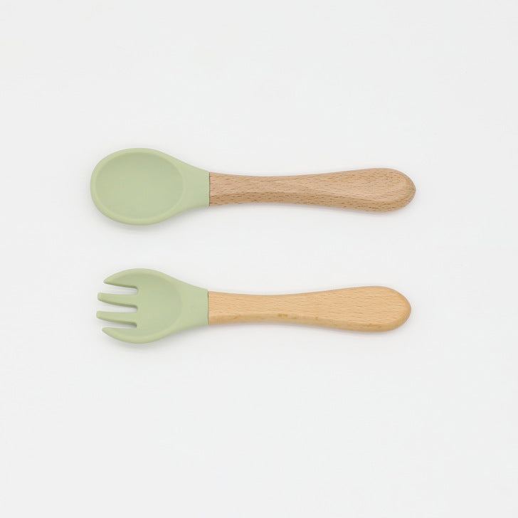 Baby Food Grade Wooden Handles Silicone Spoon Fork Cutlery-10