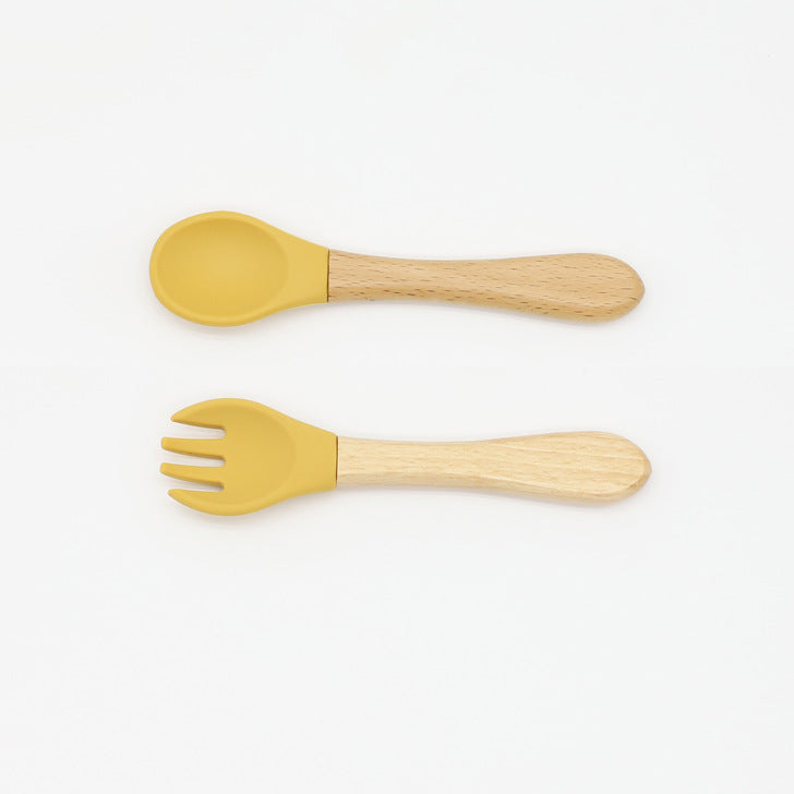 Baby Food Grade Wooden Handles Silicone Spoon Fork Cutlery-11