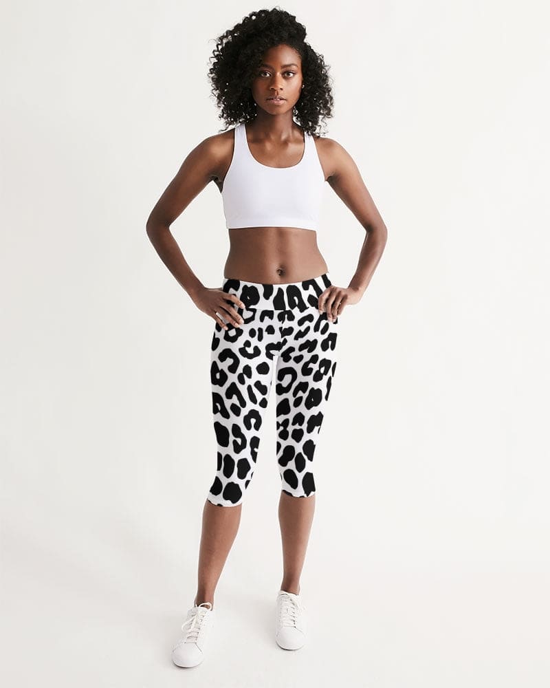 Womens High-waist Fitness Capri Legging Yoga Pants, Black White Leopard Pattern-1