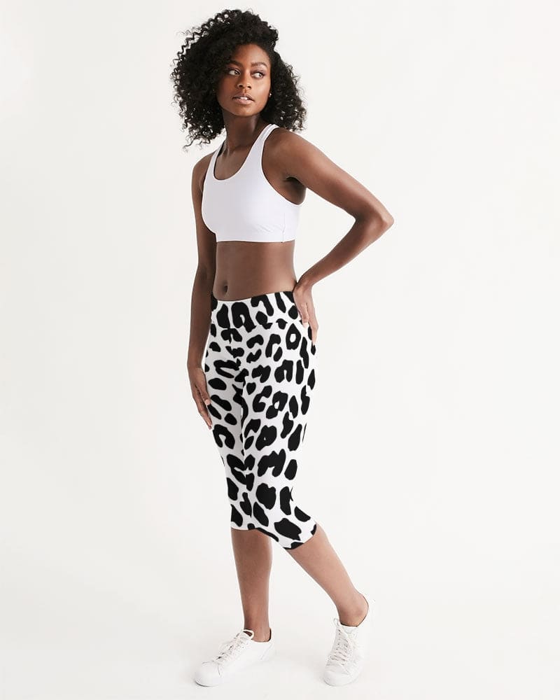 Womens High-waist Fitness Capri Legging Yoga Pants, Black White Leopard Pattern-2