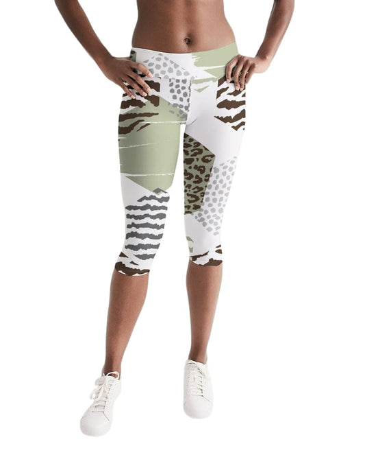 Womens Mid-rise Capri Leggings / Beige Geometric Print-0