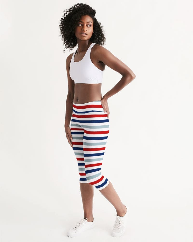 Womens Mid-rise Capri Leggings / Red White Blue Stripe Print-2