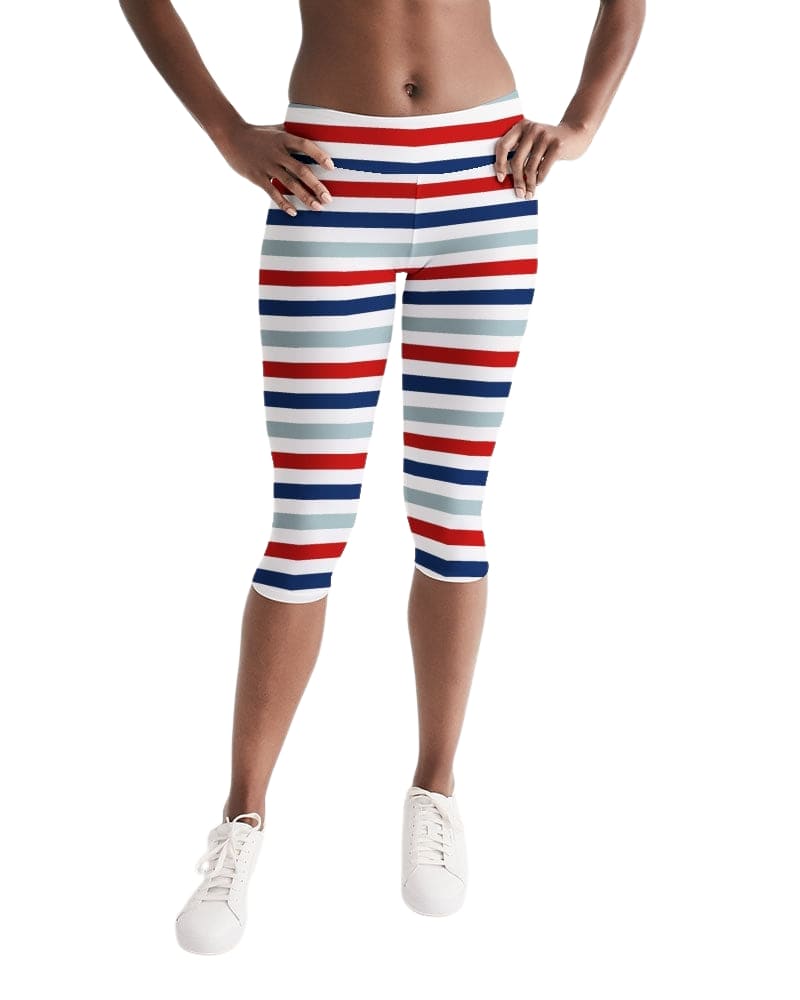 Womens Mid-rise Capri Leggings / Red White Blue Stripe Print-0