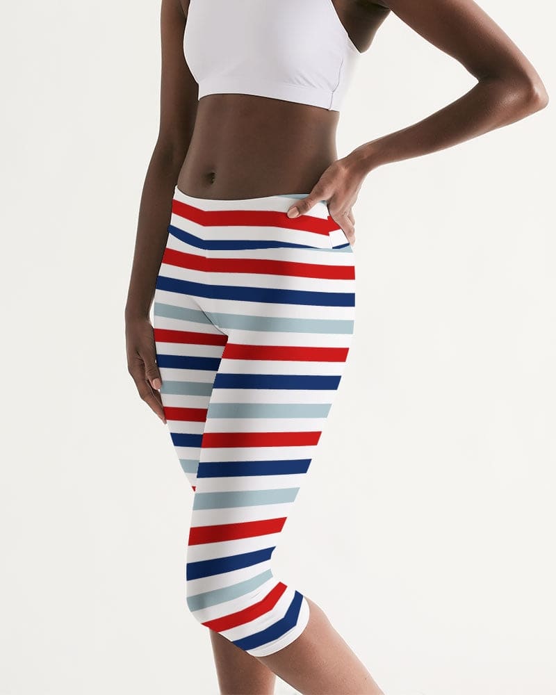 Womens Mid-rise Capri Leggings / Red White Blue Stripe Print-3