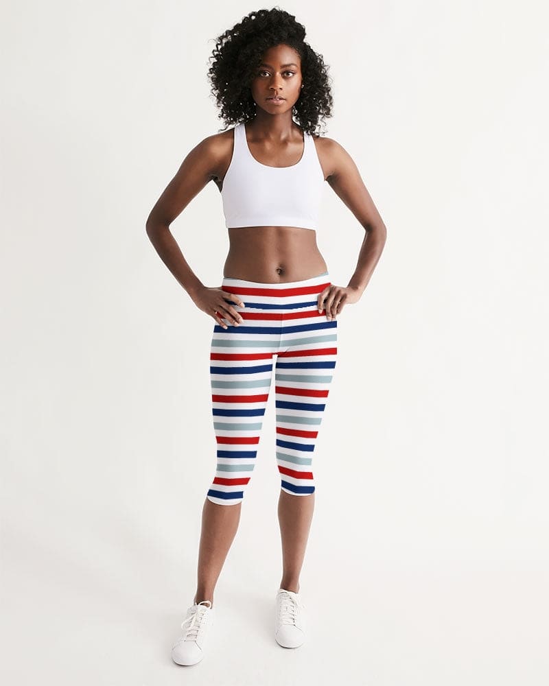 Womens Mid-rise Capri Leggings / Red White Blue Stripe Print-1