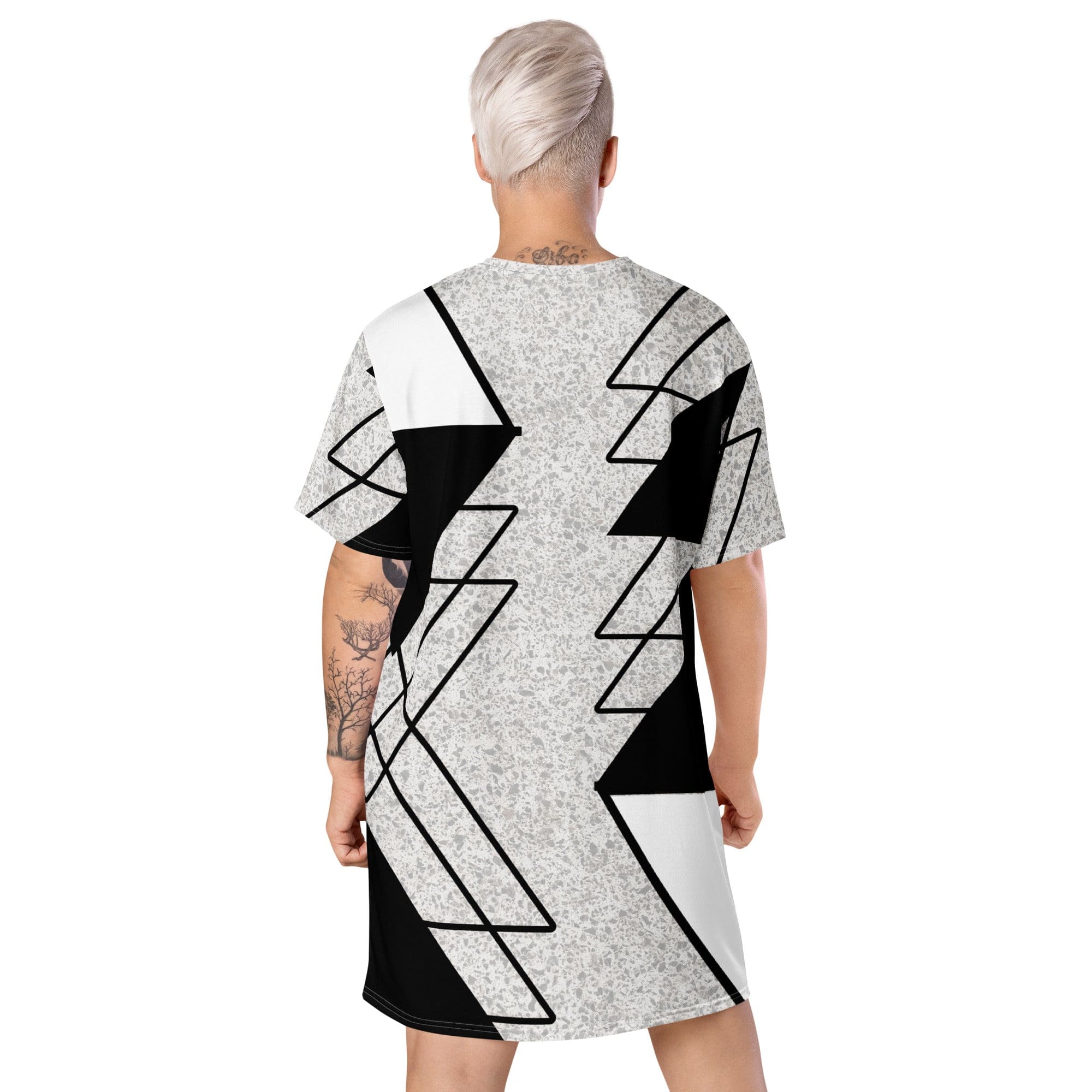 Womens Graphic T-shirt Dress, Black and White Ash Grey Triangular-1