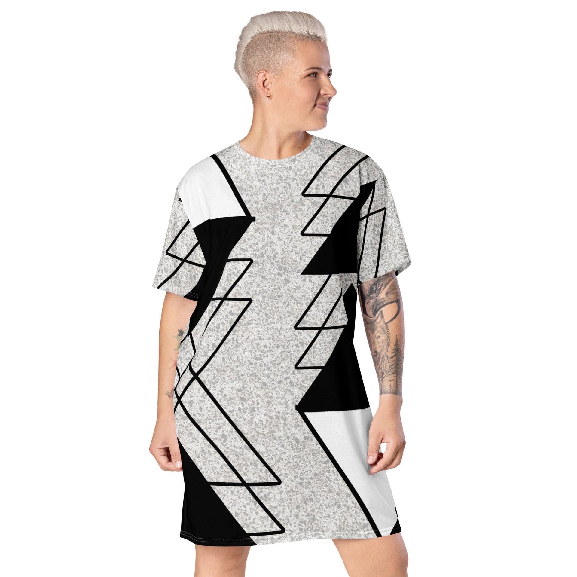 Womens Graphic T-shirt Dress, Black and White Ash Grey Triangular-0