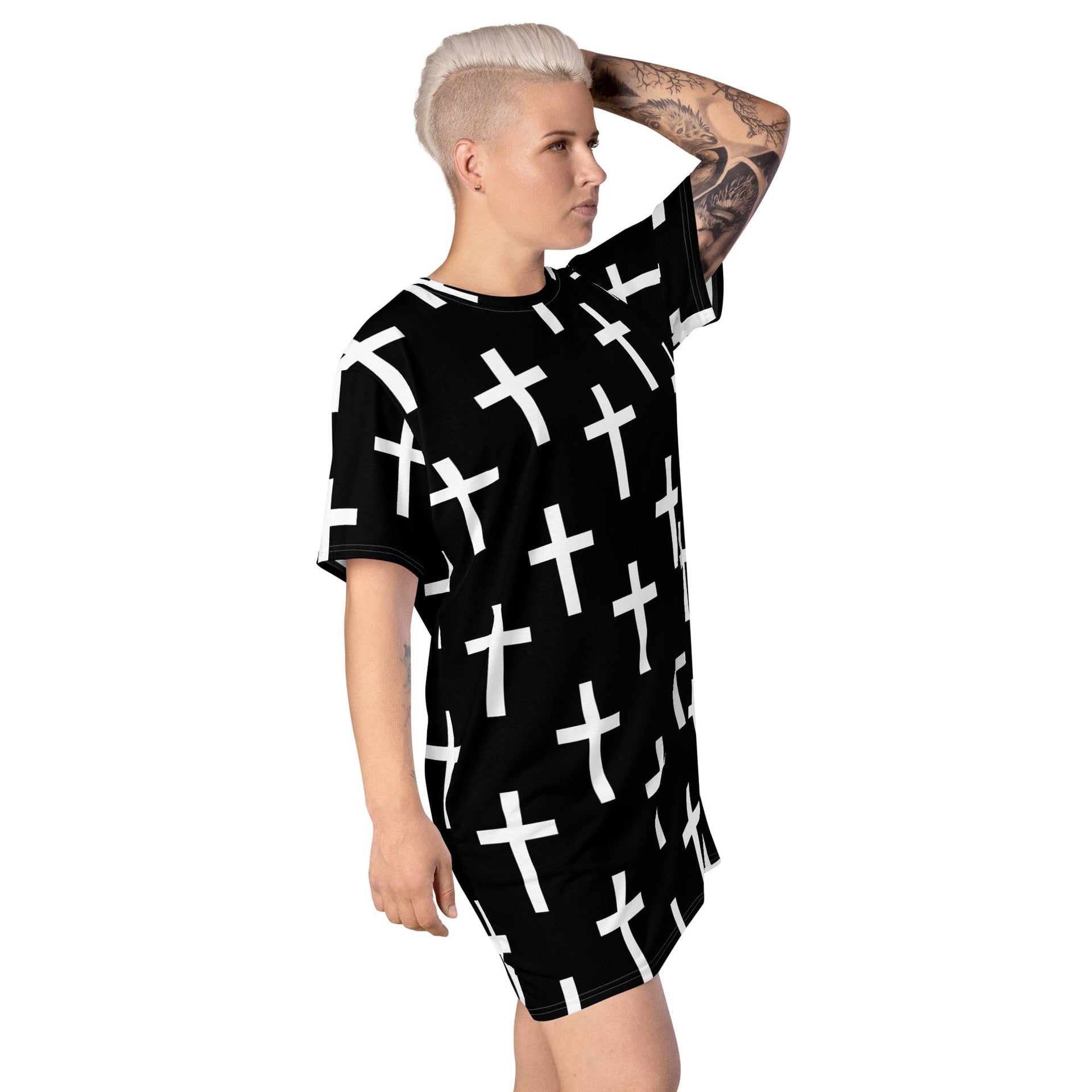 Womens Graphic T-shirt Dress, Black White Cross Print-3