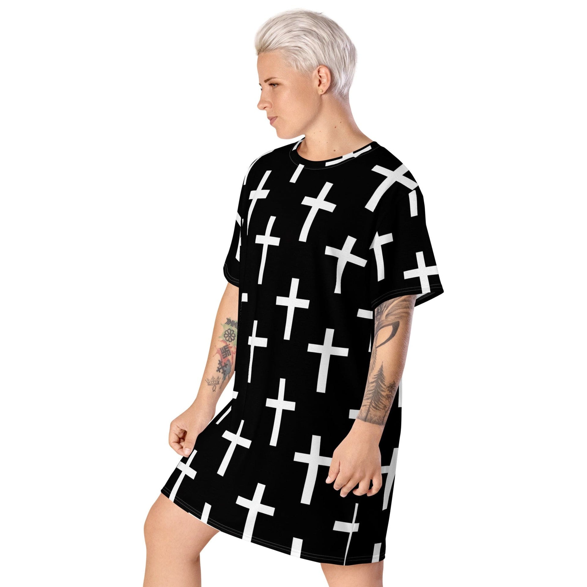 Womens Graphic T-shirt Dress, Black White Cross Print-2