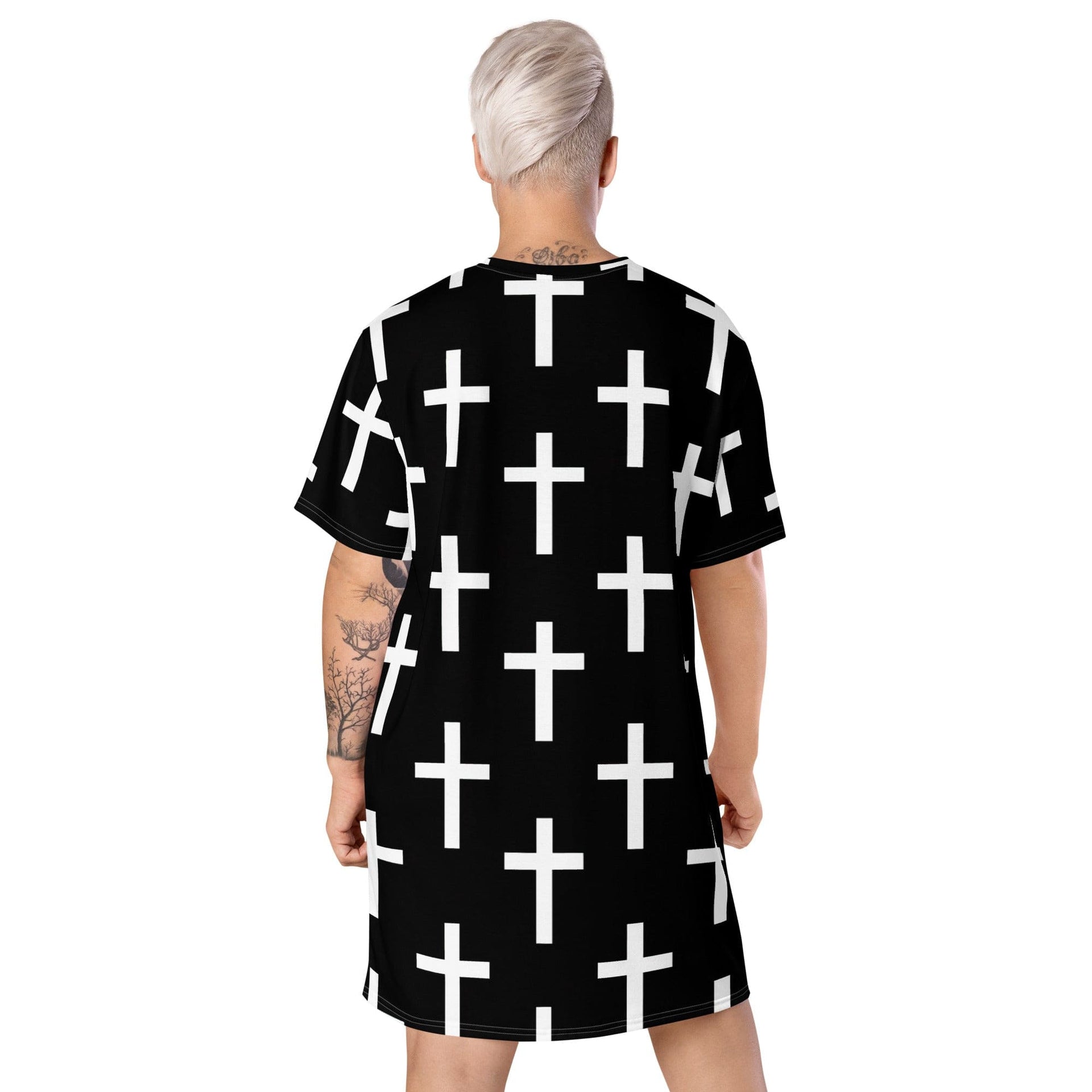 Womens Graphic T-shirt Dress, Black White Cross Print-1