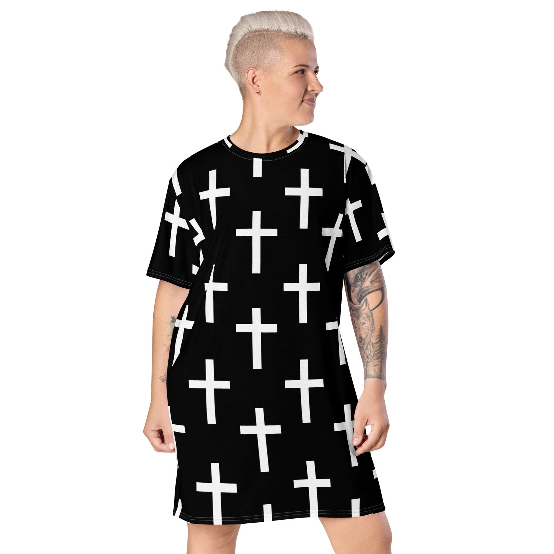 Womens Graphic T-shirt Dress, Black White Cross Print-0