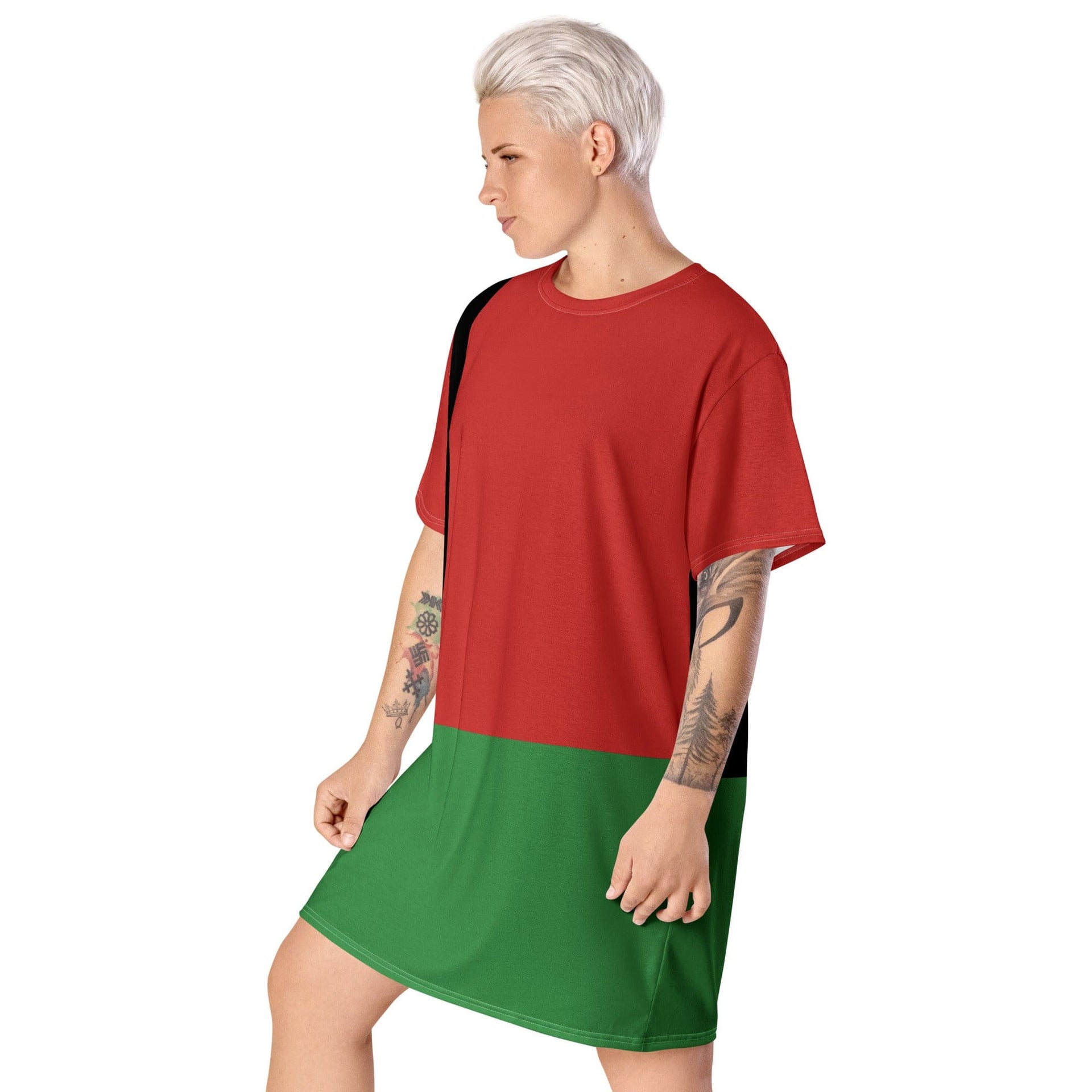 Womens Graphic T-shirt Dress, Black Red Green Stripped 4-2