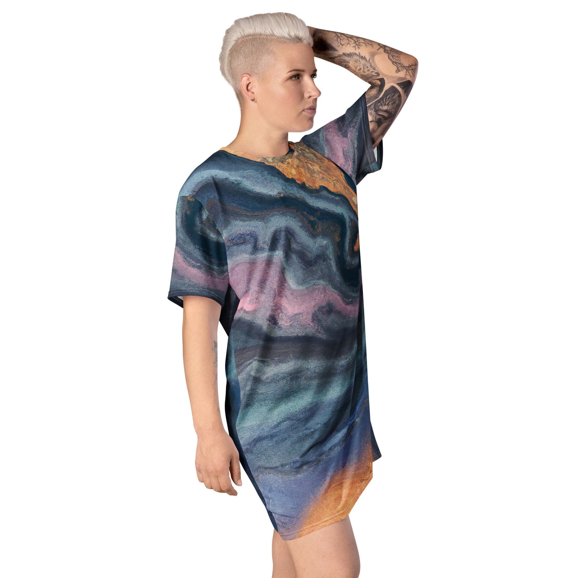 Womens Graphic T-shirt Dress, Blue Pink Marble Swirl Print-3