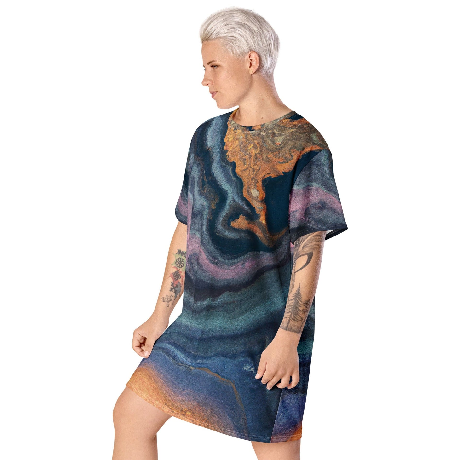 Womens Graphic T-shirt Dress, Blue Pink Marble Swirl Print-2