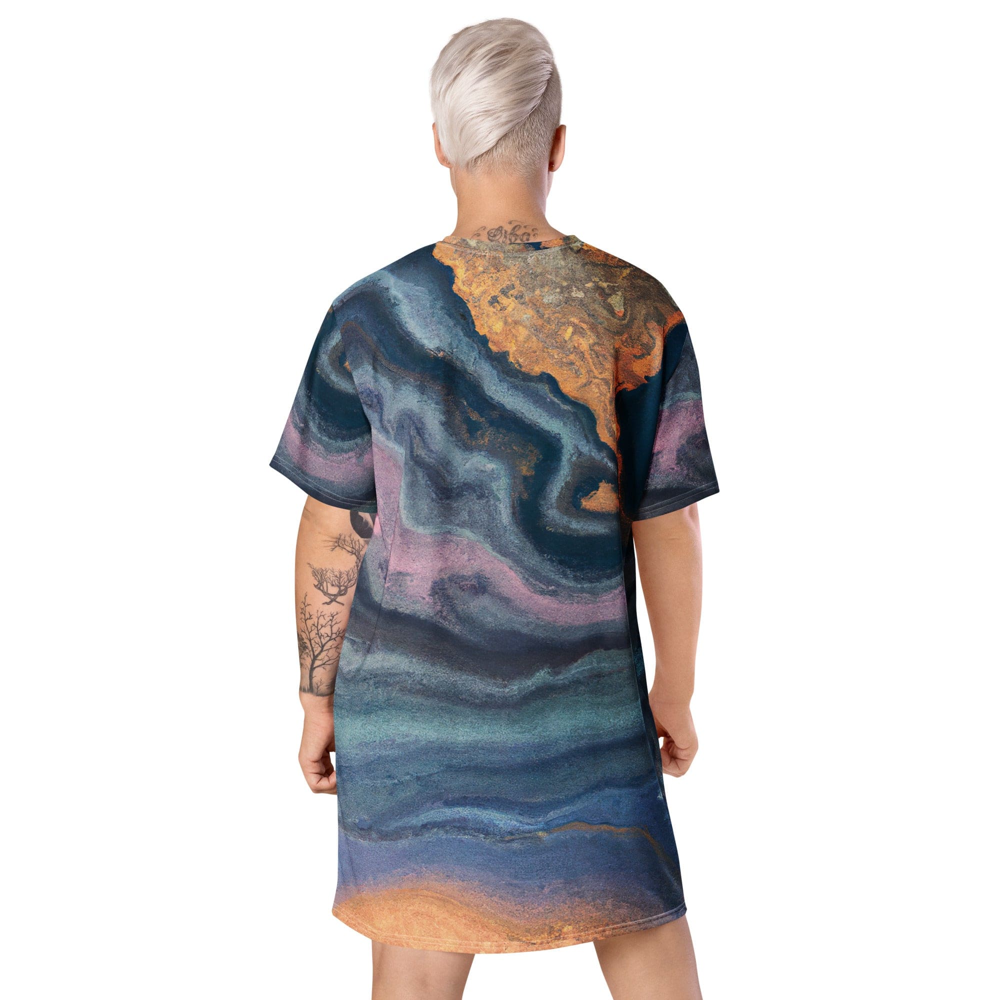 Womens Graphic T-shirt Dress, Blue Pink Marble Swirl Print-4