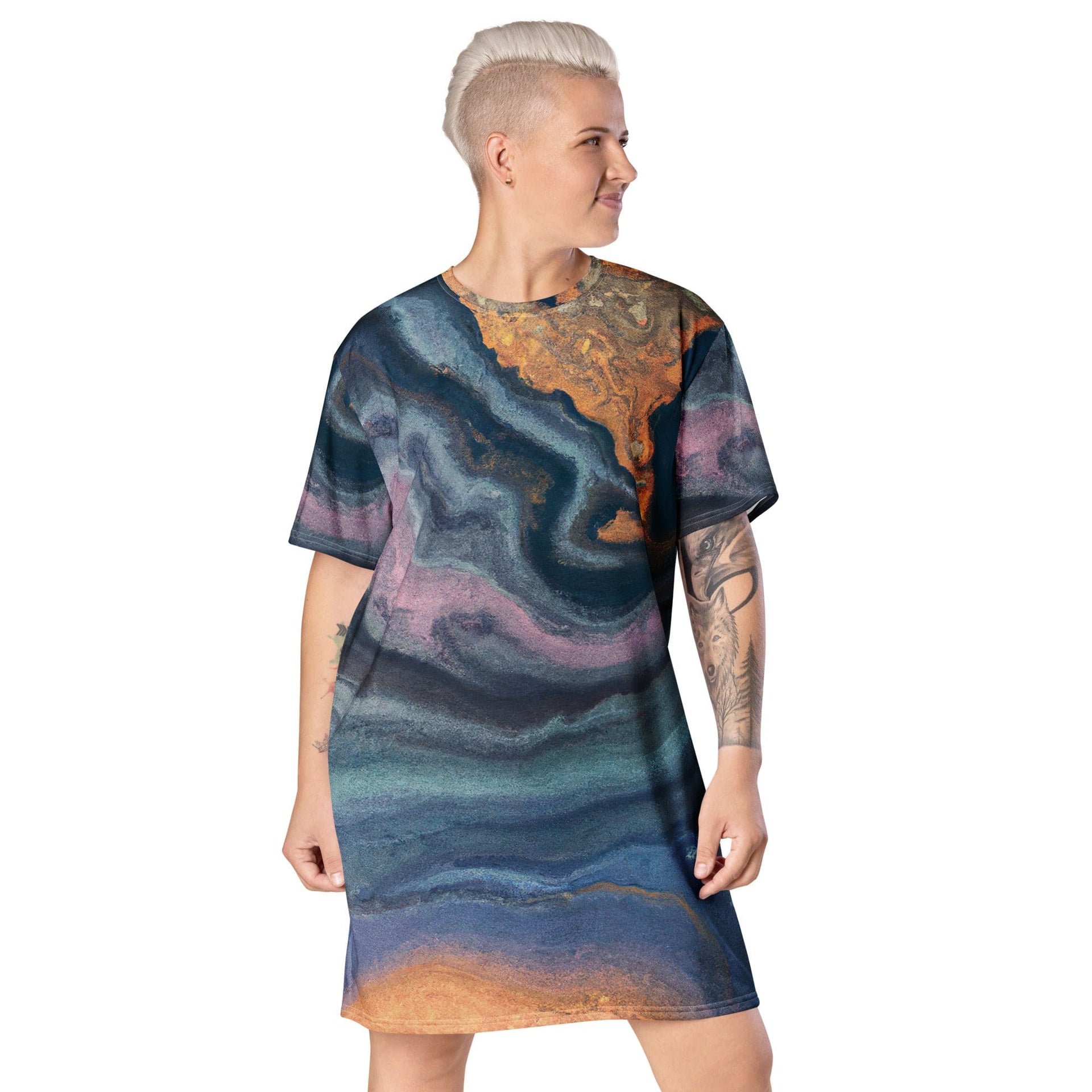 Womens Graphic T-shirt Dress, Blue Pink Marble Swirl Print-0