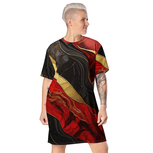 Womens Graphic T-shirt Dress, Bold Red Gold Tones Print-0