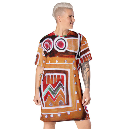 Womens Graphic T-shirt Dress, Brown Orange Green Aztec Pattern-0