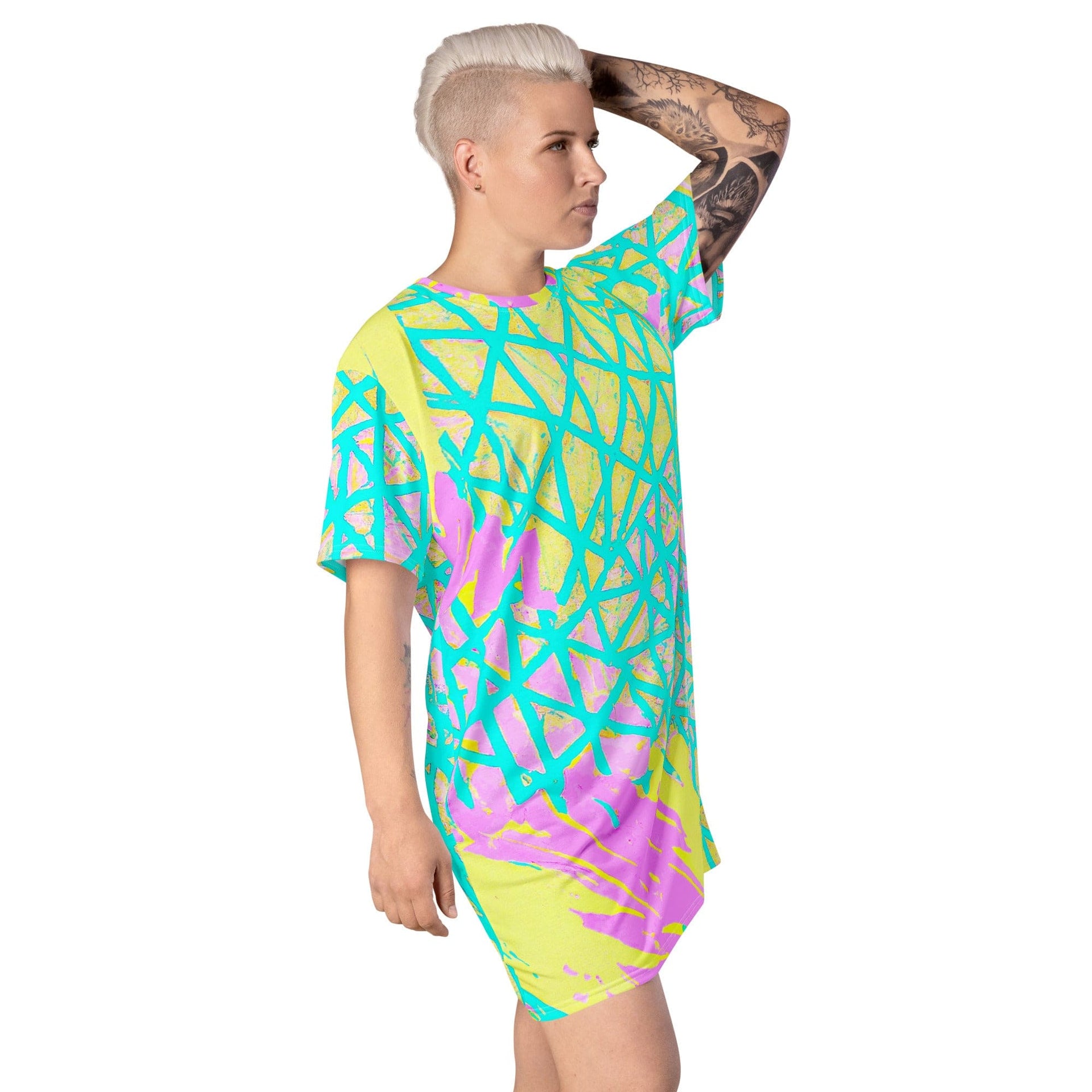 Womens Graphic T-shirt Dress, Cyan Blue Lime Green and Pink Pattern-3