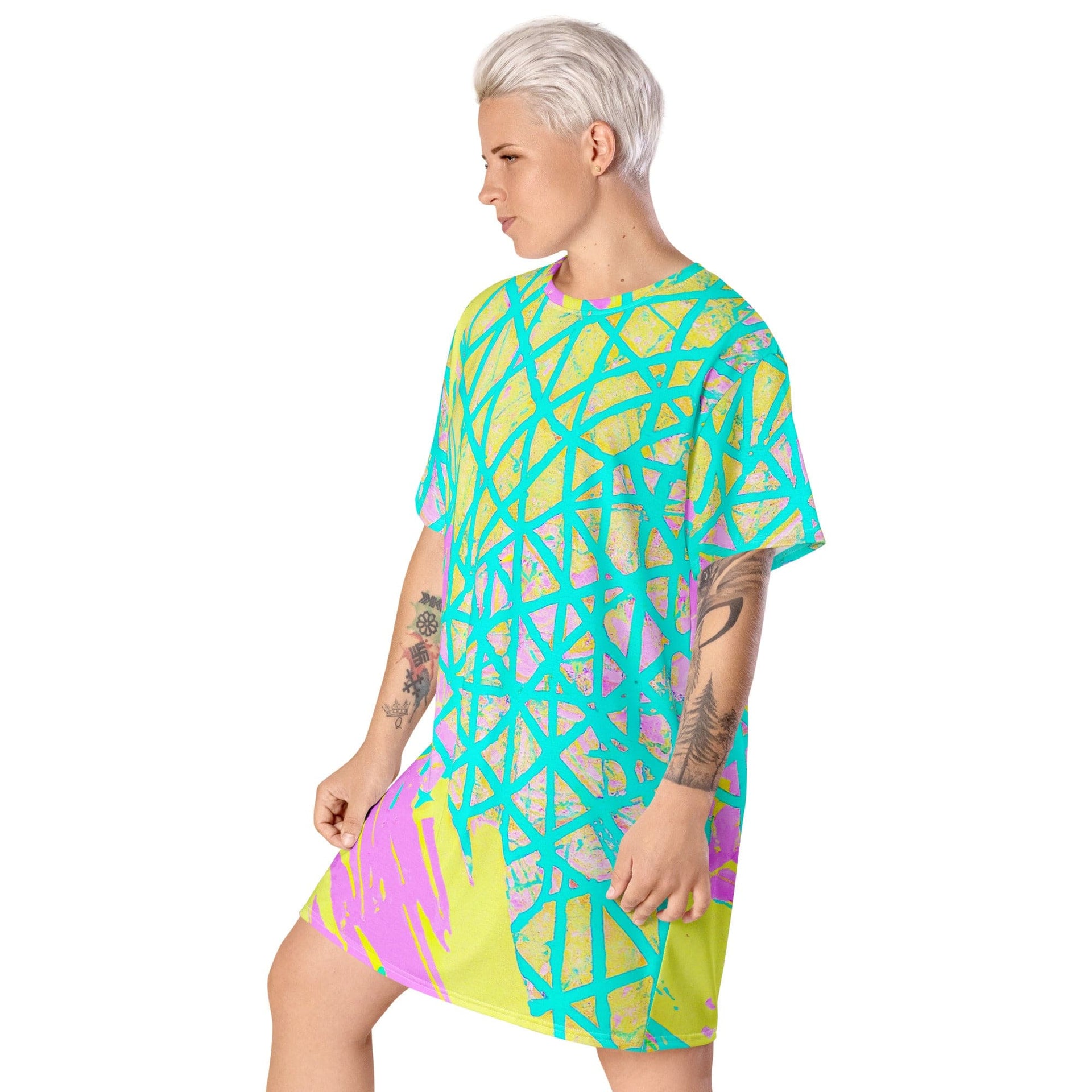 Womens Graphic T-shirt Dress, Cyan Blue Lime Green and Pink Pattern-2