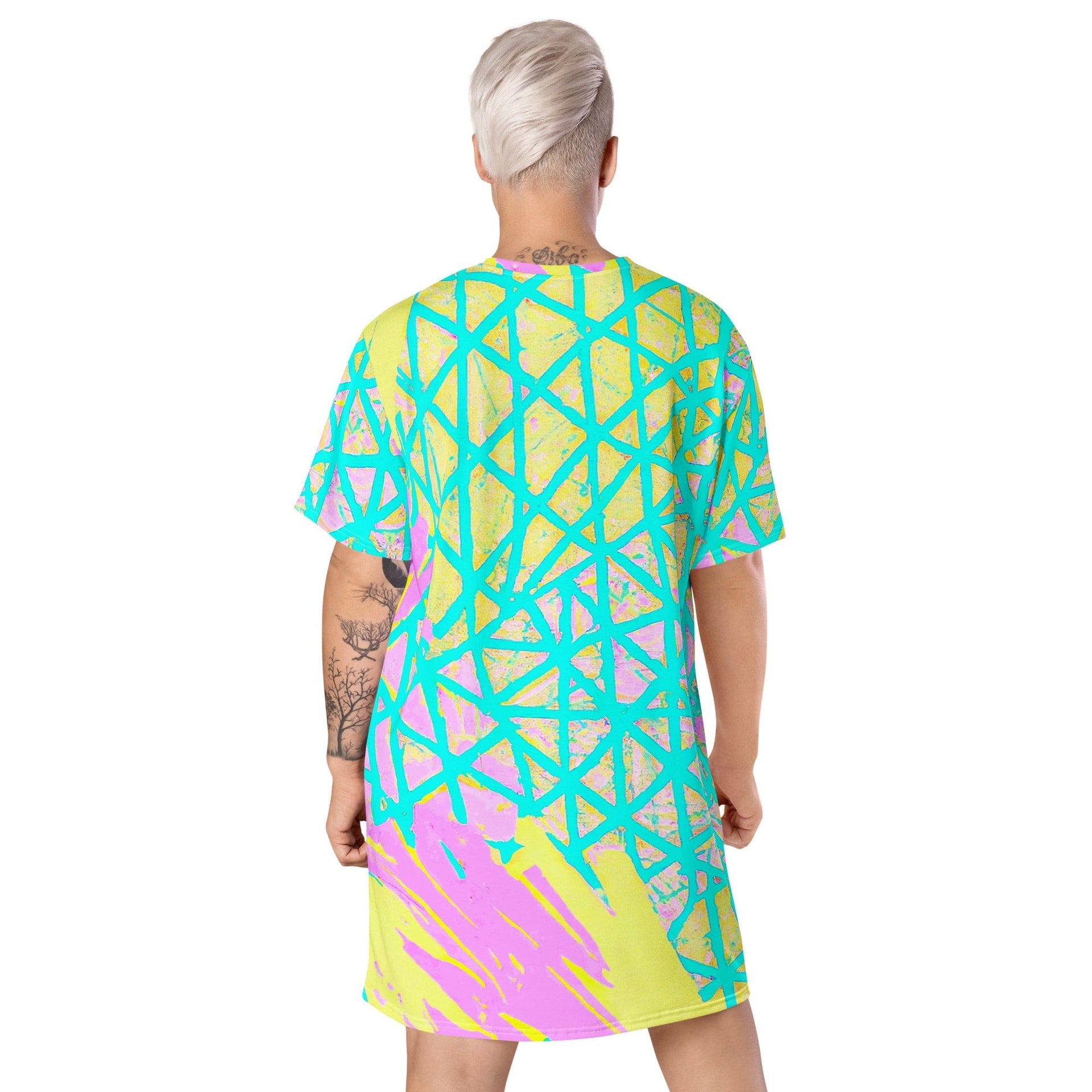 Womens Graphic T-shirt Dress, Cyan Blue Lime Green and Pink Pattern-1