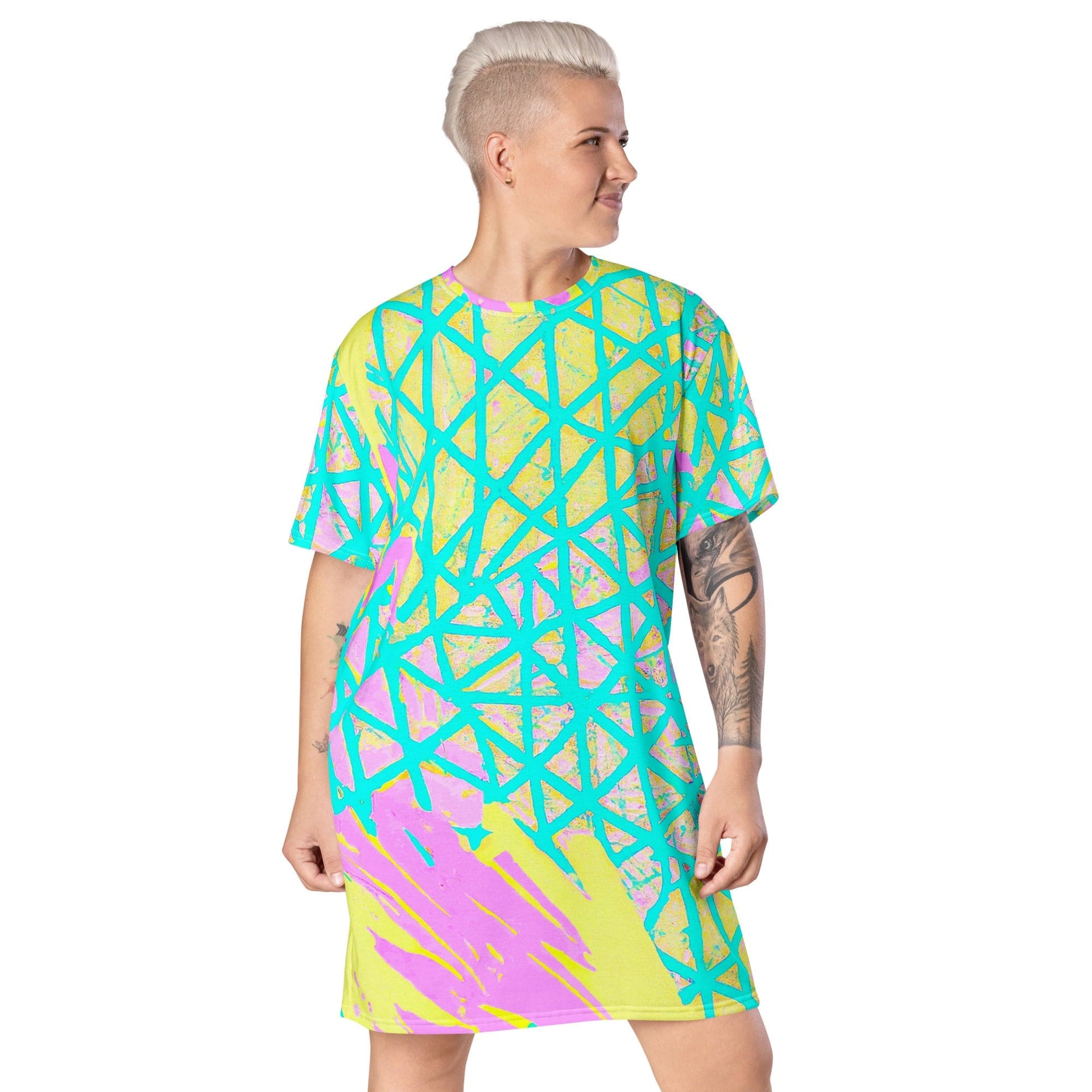 Womens Graphic T-shirt Dress, Cyan Blue Lime Green and Pink Pattern-0