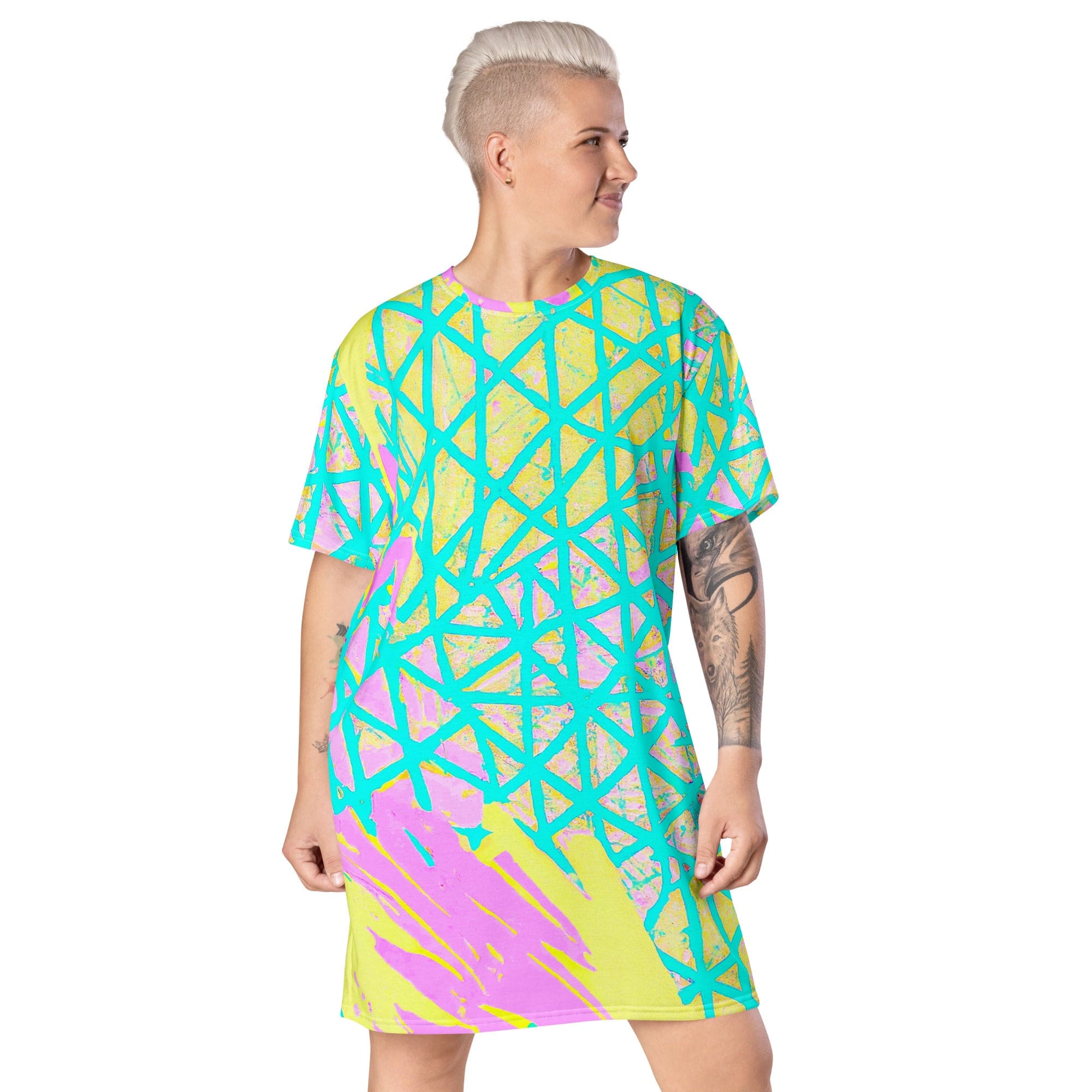 Womens Graphic T-shirt Dress, Cyan Blue Lime Green and Pink Pattern-0