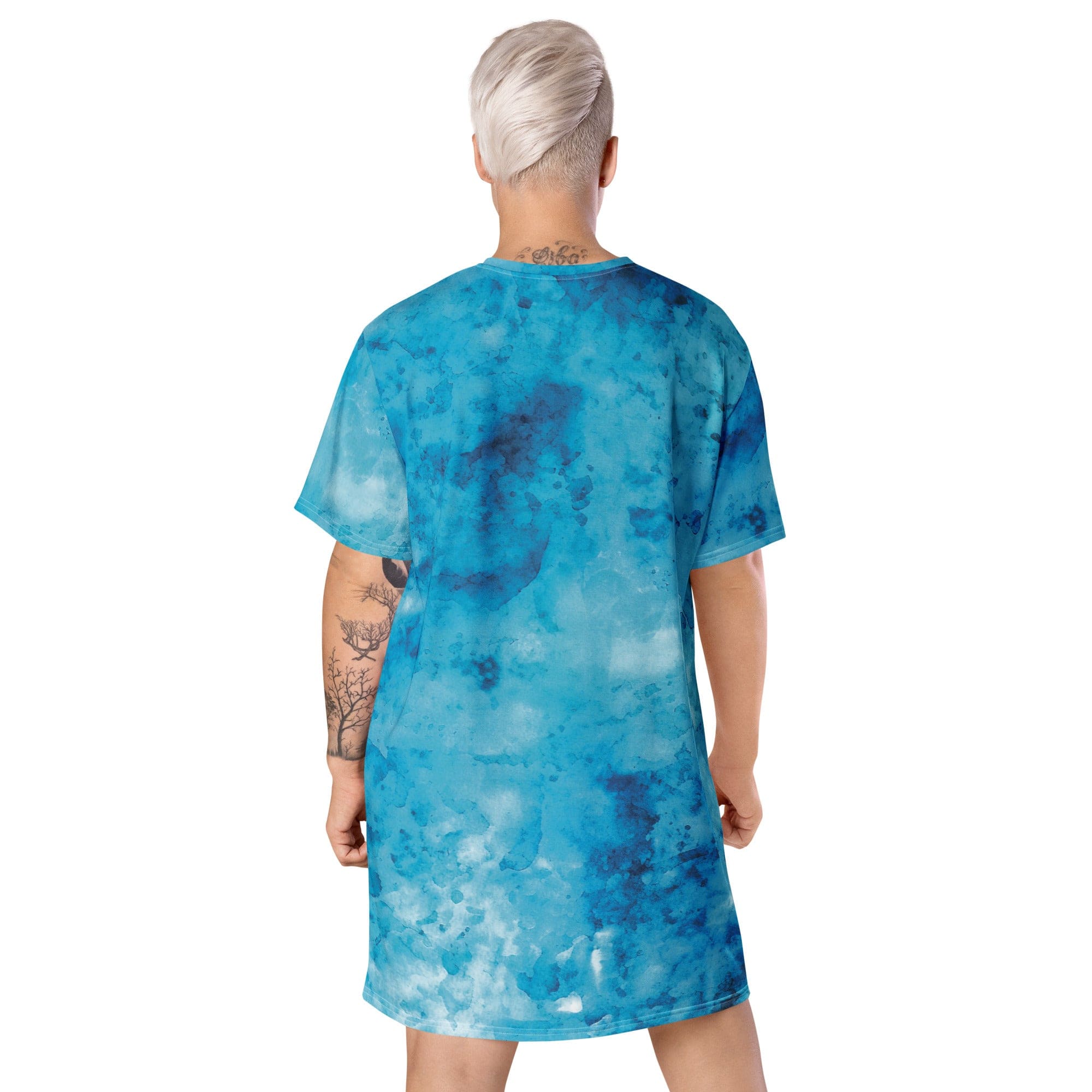 Womens Graphic T-shirt Dress, Blue Marble Print-1