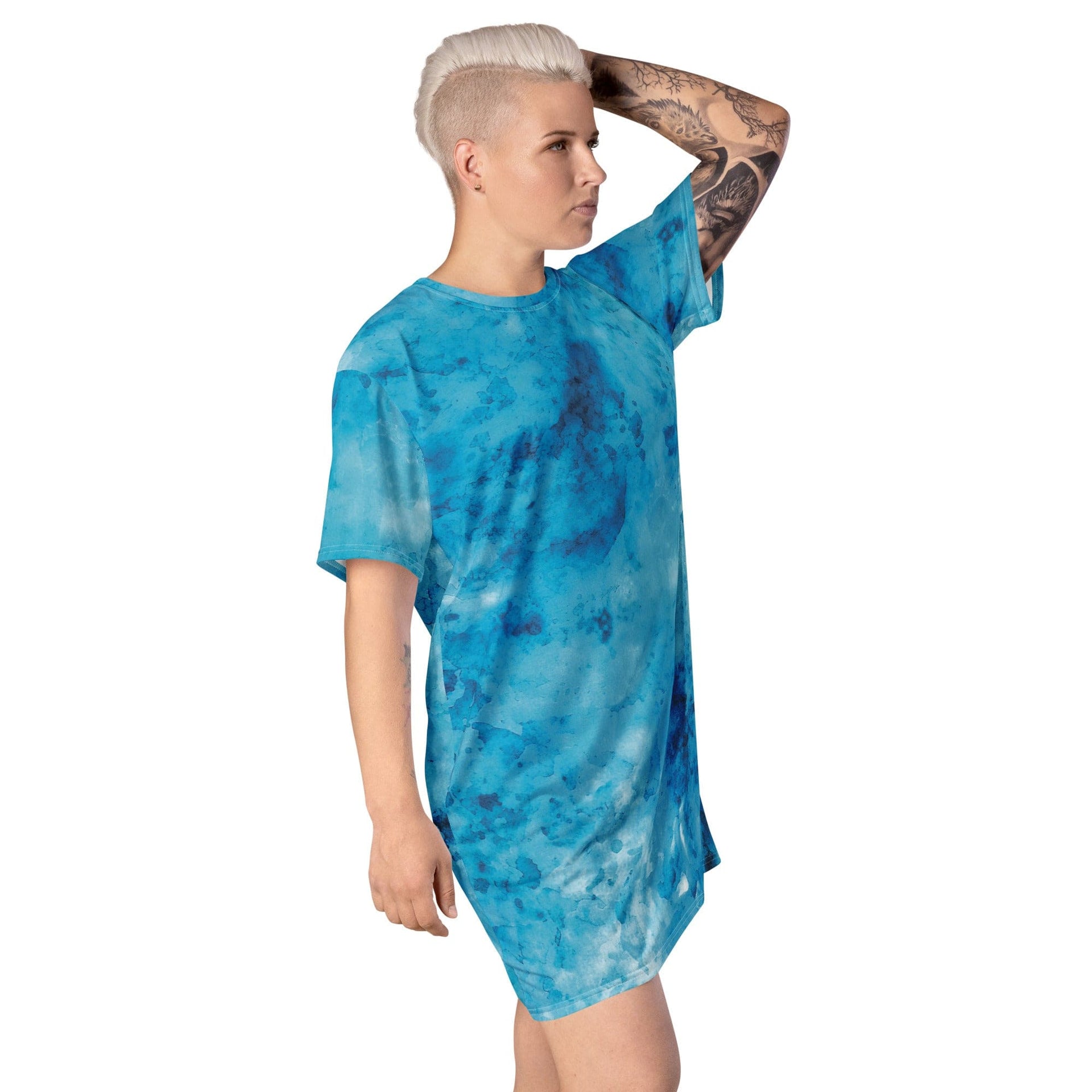 Womens Graphic T-shirt Dress, Blue Marble Print-3