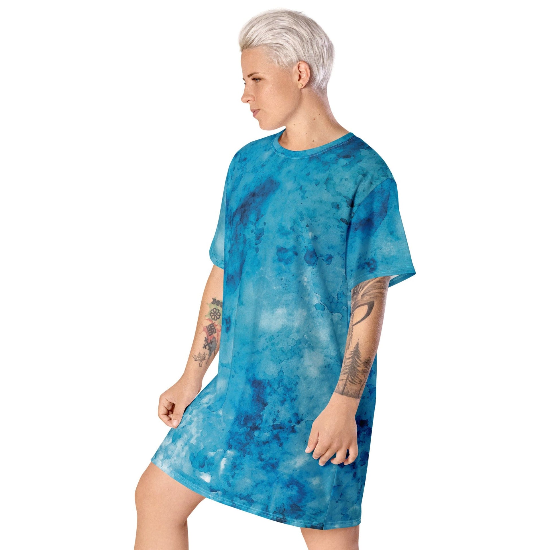 Womens Graphic T-shirt Dress, Blue Marble Print-2