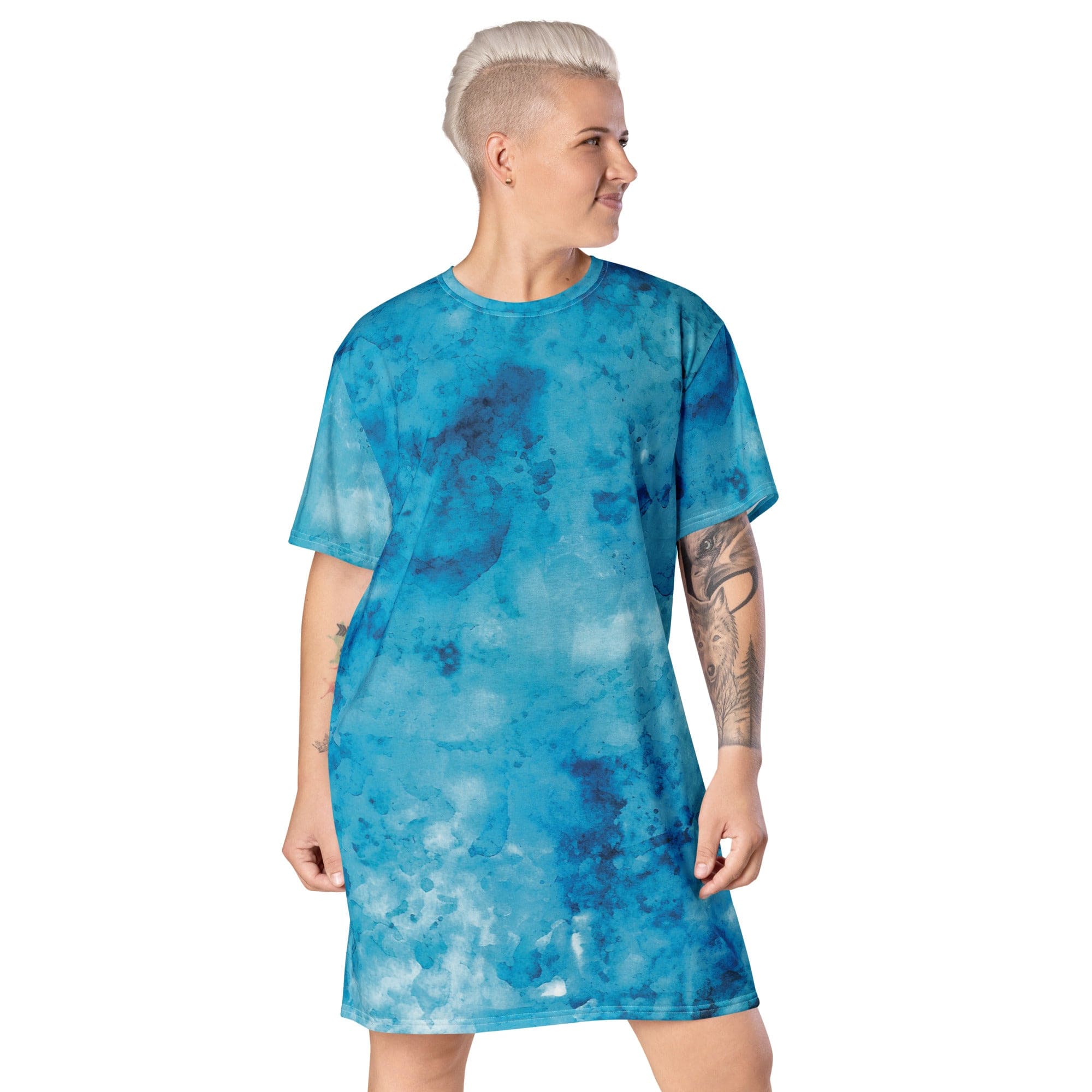 Womens Graphic T-shirt Dress, Blue Marble Print-0