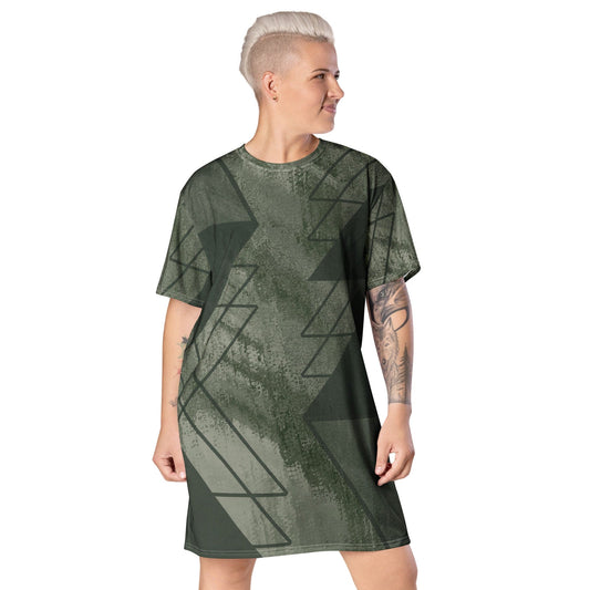 Womens Graphic T-shirt Dress, Olive Green Triangular Colorblock-0